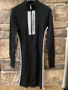 Karl Lagerfeld Paris Sweater Dress Women Small Black Logo 3/4 Zip Sleeves NWT